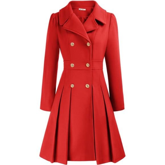 Jackets & Blazers - Women's Trench Coat Notch Lapel Double Breasted Thick A Line Pea Coat, Red